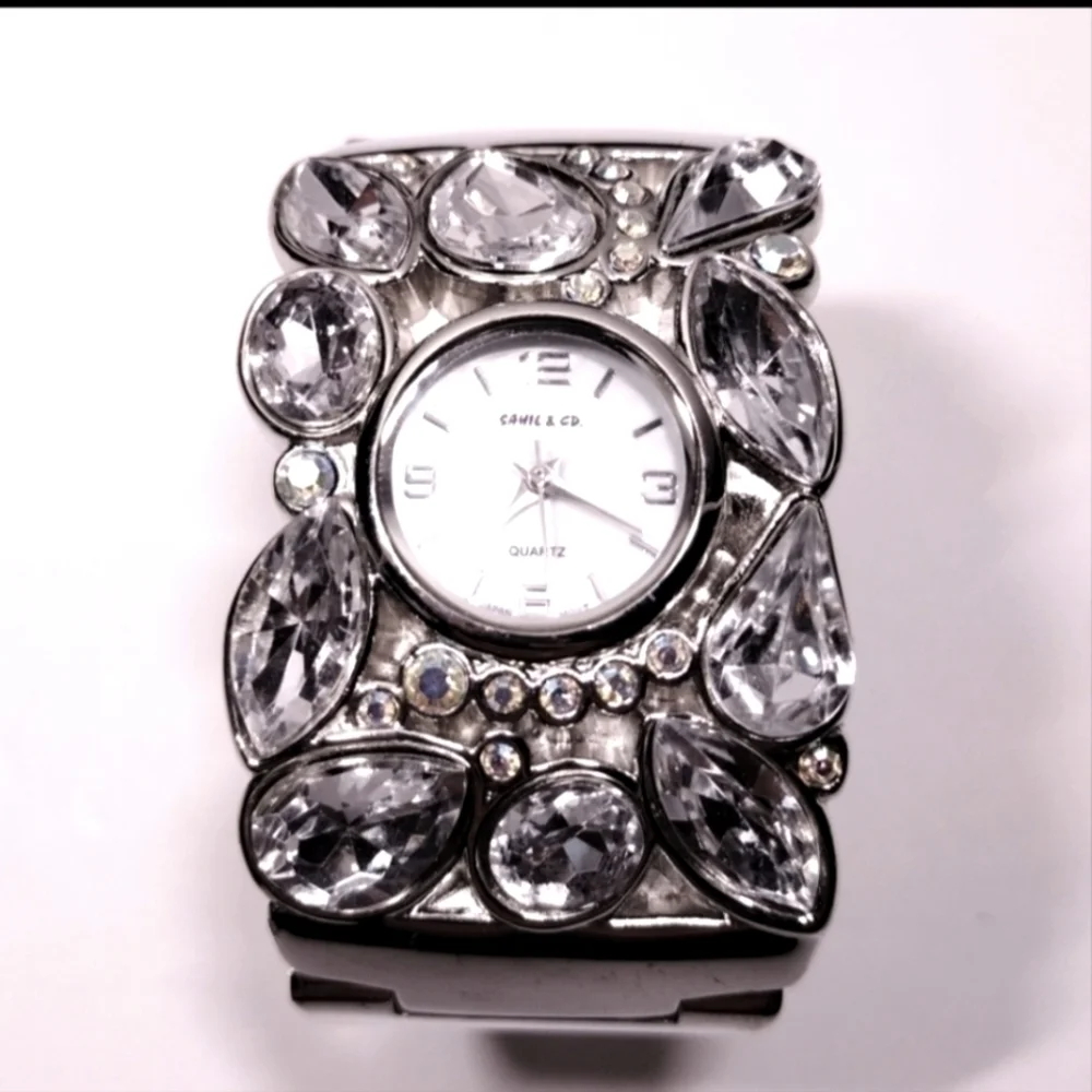 Sahil Rhinestone Quartz Cuff Watch Silver Tone NWOT